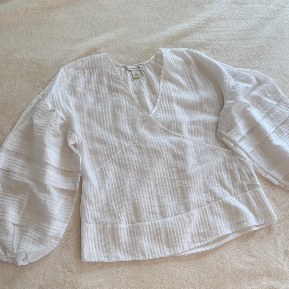 Club Monaco White Wrap-Front Puff Sleeve Blouse